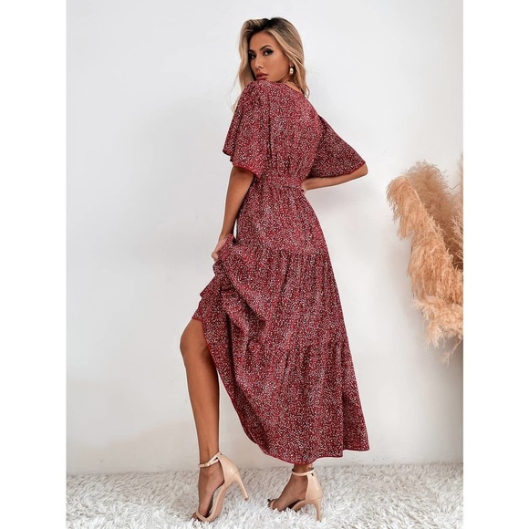 polka dot Short Sleeve Ruffle Hem Belted maxi Dress red - Picture 2 of 6